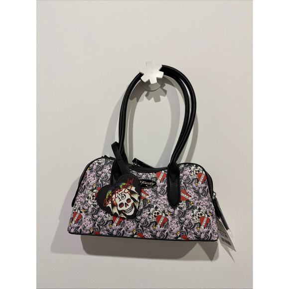 NEW Ed Hardy Tattoo Skull & Dagger Shoulder Bag – Black/Pink Print Halloween - Picture 3 of 6